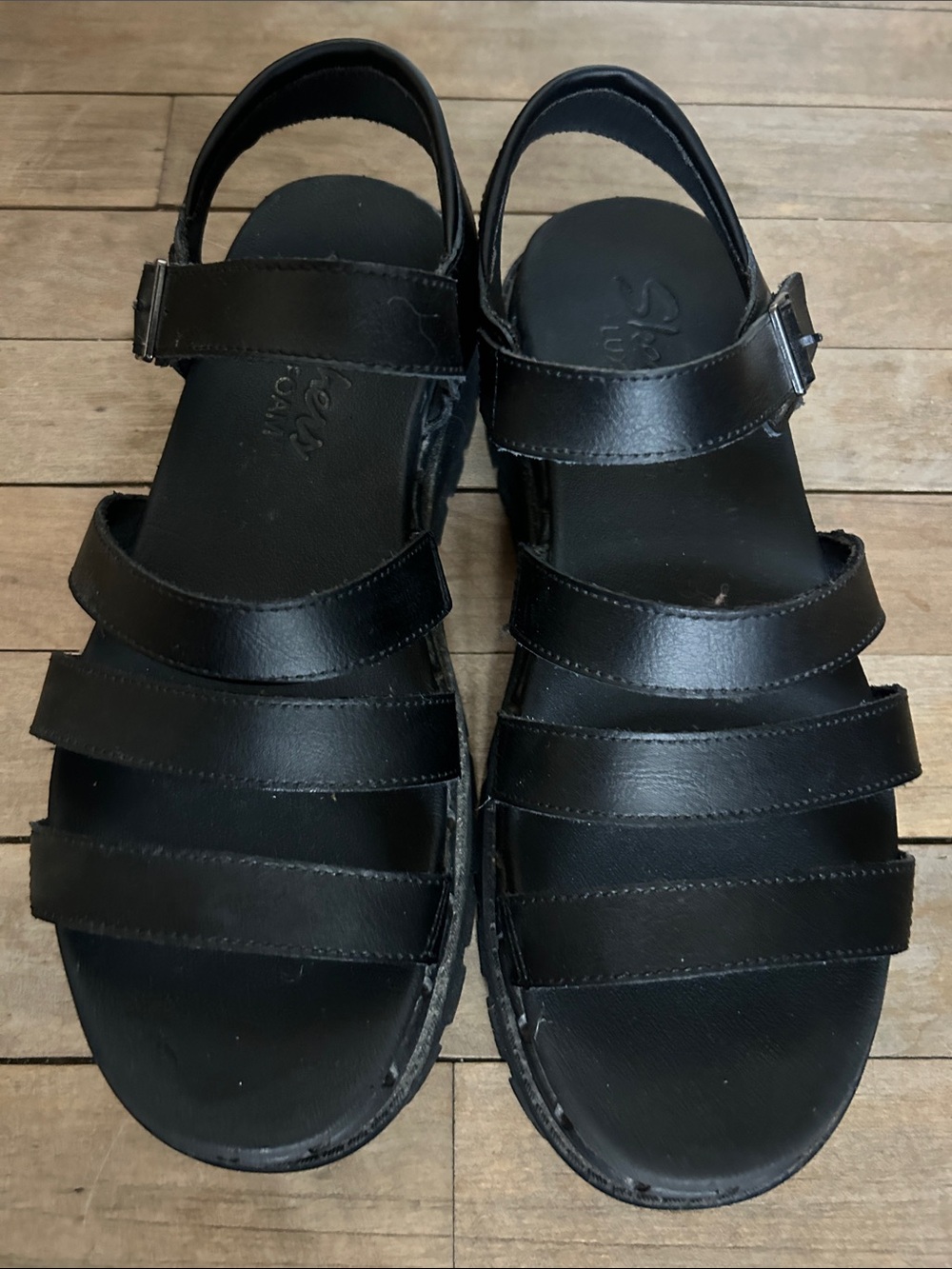 Women’s sketchers, Black Leather Strapped Sandals